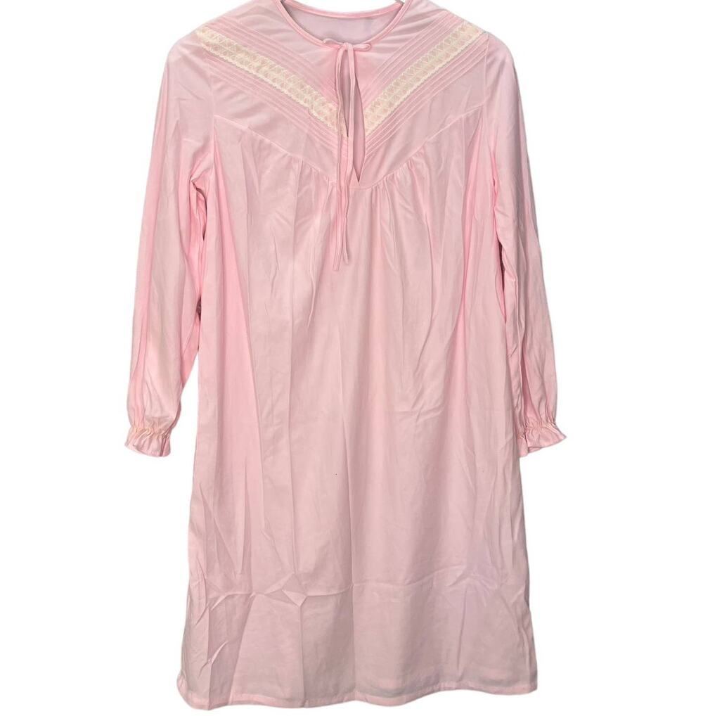 Vintage JCPenney Nylon Fleece Short Nightgown Pink Lace Long Sleeve Size M 70s